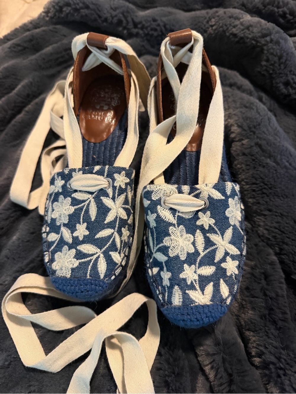 Vince Camuto Navy Blue Floral Espadrille with Cream Tie Ribbons